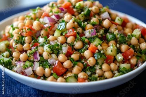 A top view of tabouli salad with fresh parsley, onions, tomatoes and bulgur. Healthy vegetarian diet.