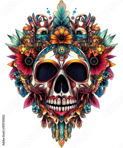 A vibrant skull design adorned with flowers and intricate patterns, symbolizing life and death.