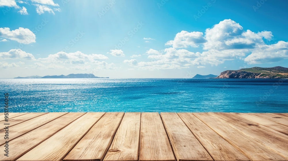 Fototapeta premium Wooden table on the background of the sea, island and the blue sky