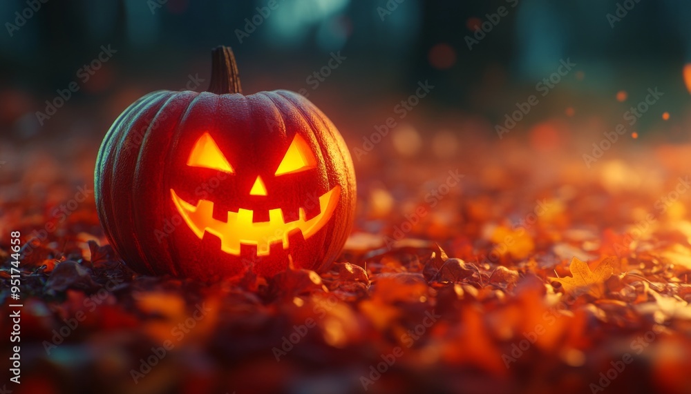 Glowing Halloween Pumpkin with Candles in a Dark Autumn Setting Glowing Halloween Pumpkin with Candles in a Dark Autumn Setting
