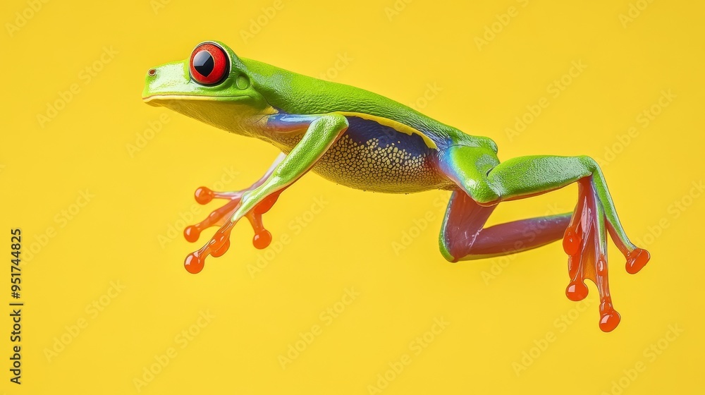 Fototapeta premium As it leaps high into the air, an Amazonian tree frog portrays its agile movements against a yellow background
