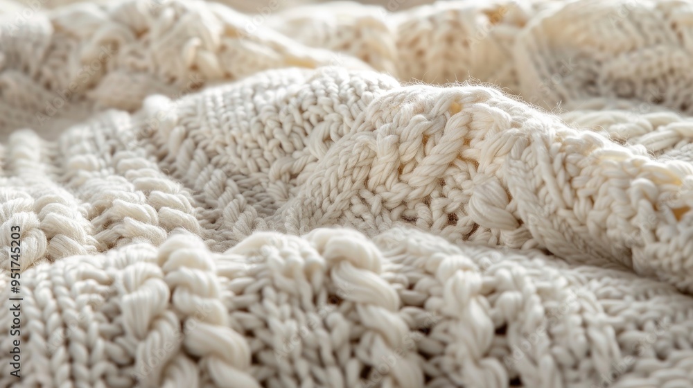 Detailed view of a knitted blanket, showcasing the interlocking yarns and soft texture. The image captures the warmth and comfort of the fabric. Detailed view of a knitted blanket, showcasing the interlocking yarns and soft texture. The image captures the warmth and comfort of the fabric.