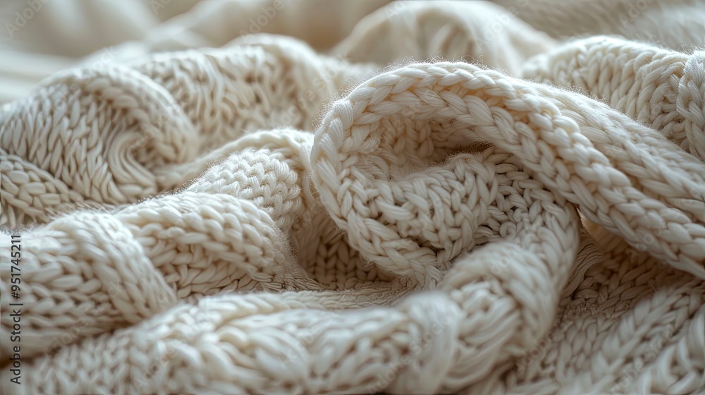 Detailed view of a knitted blanket, showcasing the interlocking yarns and soft texture. The image captures the warmth and comfort of the fabric. Detailed view of a knitted blanket, showcasing the interlocking yarns and soft texture. The image captures the warmth and comfort of the fabric.