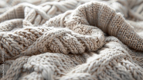 Detailed view of a knitted blanket, showcasing the interlocking yarns and soft texture. The image captures the warmth and comfort of the fabric.