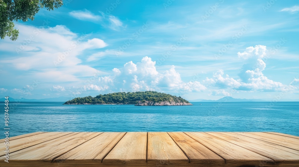 Obraz premium Wooden table on the background of the sea, island and the blue sky