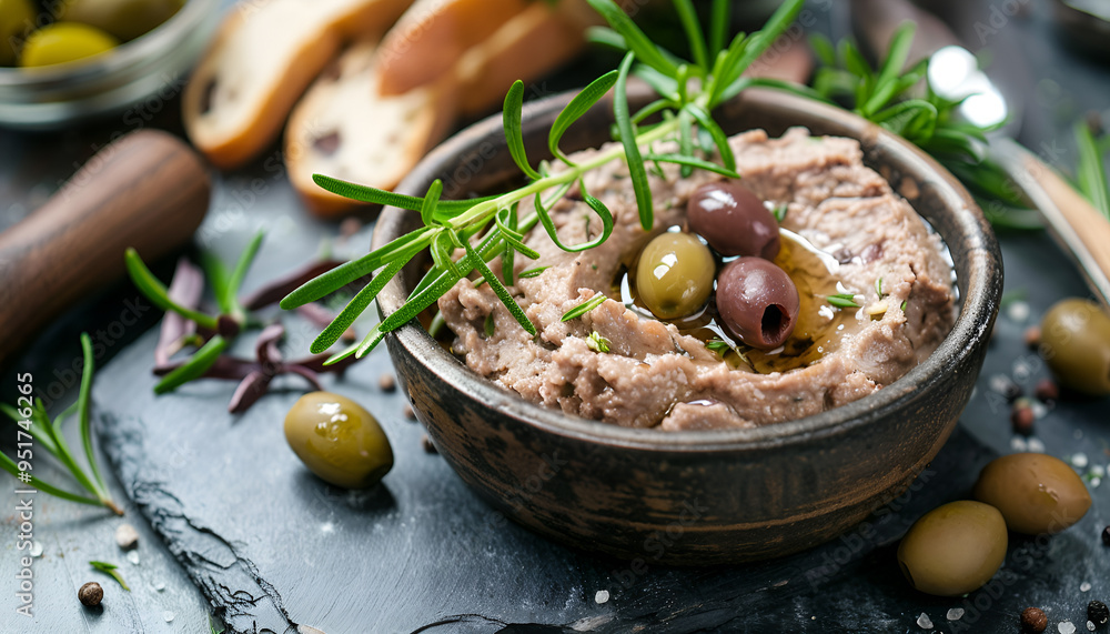 Homemade meat snack chicken liver pate with savory and olives Homemade meat snack chicken liver pate with savory and olives