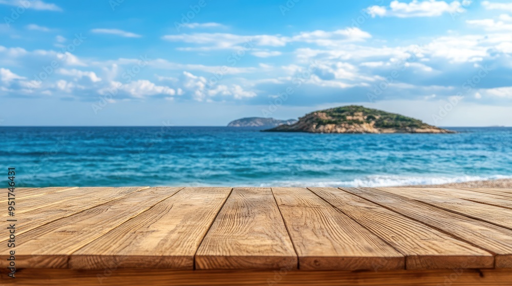 Obraz premium Wooden table on the background of the sea, island and the blue sky