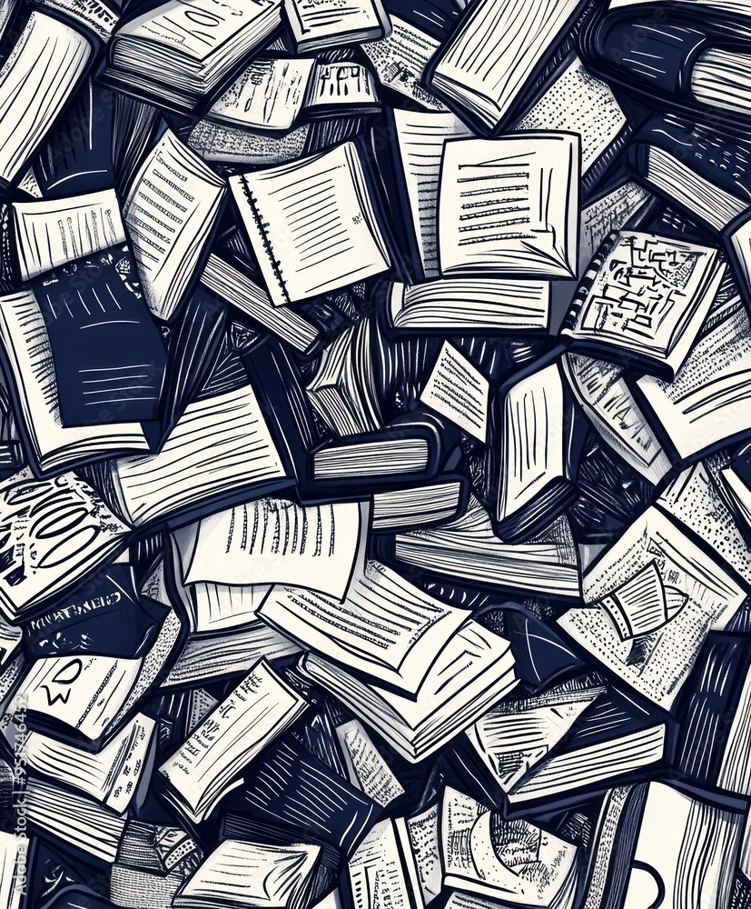 A chaotic pile of books in various orientations and sizes, showcasing their textured pages. A chaotic pile of books in various orientations and sizes, showcasing their textured pages.