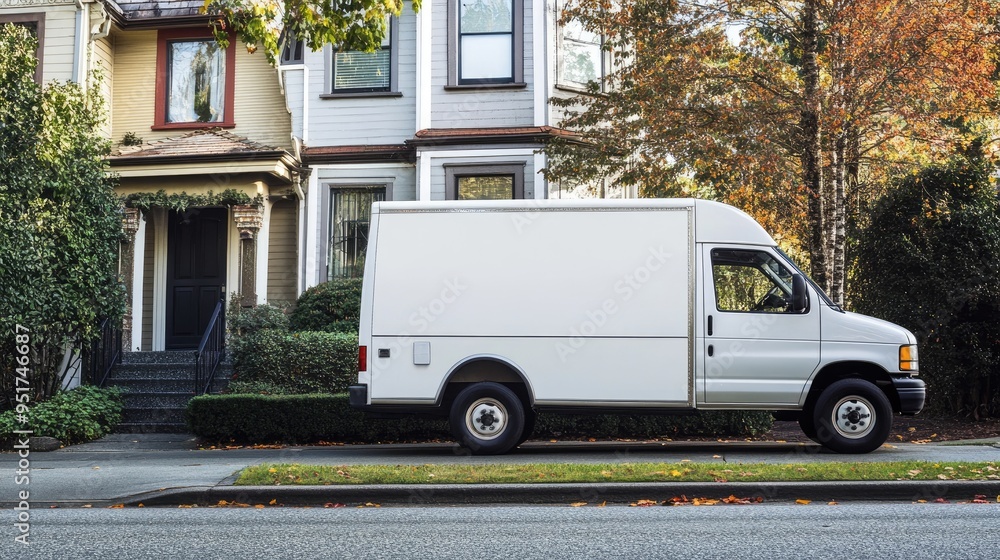 Fototapeta premium A moving van parked by the curb of a residential house, representing dependable moving services for home relocation