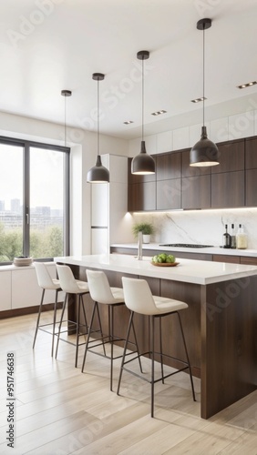 A modern kitchen and dining area is designed with a clean, minimalist aesthetic.