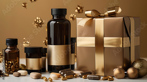 A close-up of a gift box tied with a gold ribbon and a set of brown glass bottles with gold labels. photo