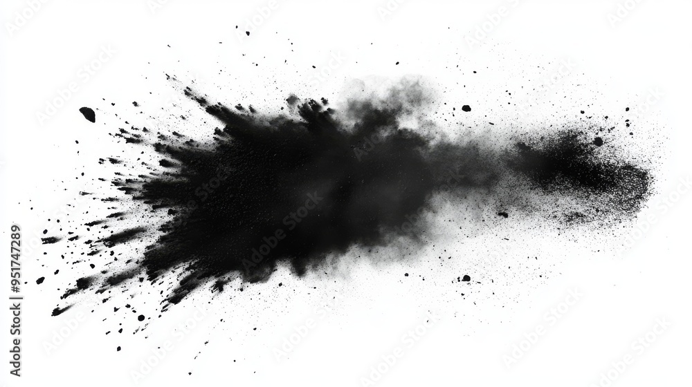 A white background with black chalk pieces and powder floating in the air, with an explosion effect A white background with black chalk pieces and powder floating in the air, with an explosion effect