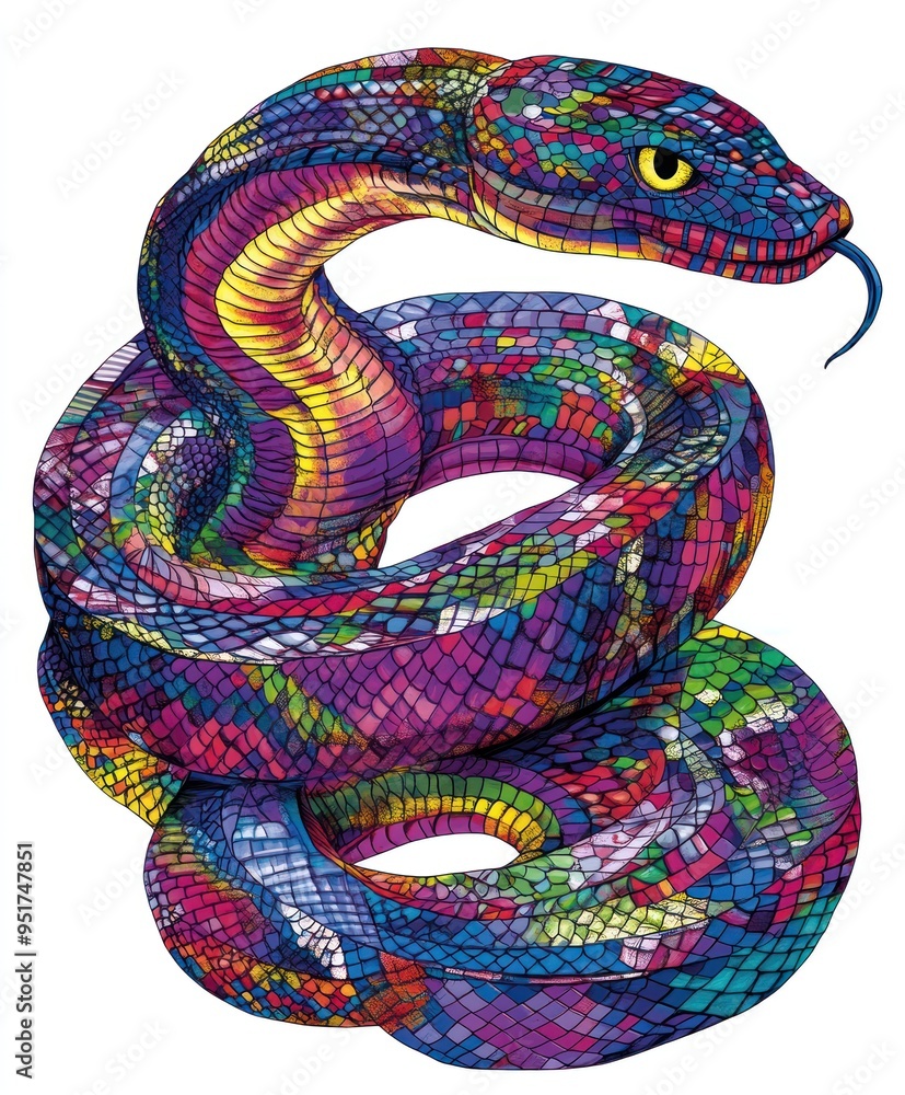 A vibrant, colorful illustration of a snake coiled in a dynamic pose.
