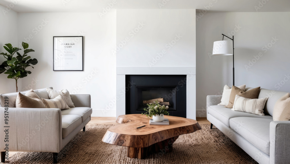 Obraz premium elegant minimalist design of a modern living room with a sofa and a coffee table in raw wood and a fireplace in the white wall