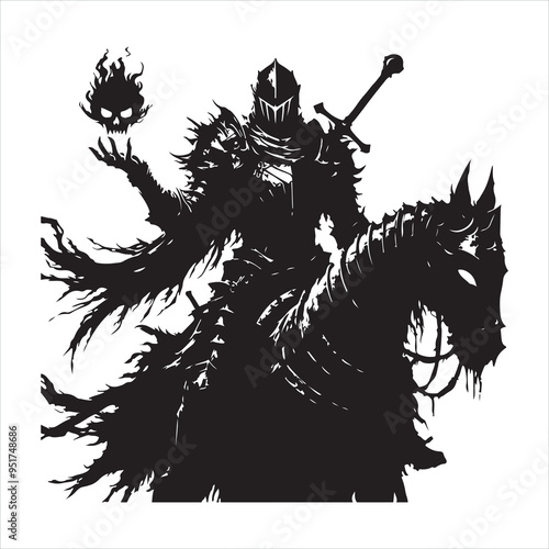 Black silhouette of a sinister knight without a head he will ride in plate armor and a ragged cloak, in his hands a huge sword and a fiery skull silhouette white background
