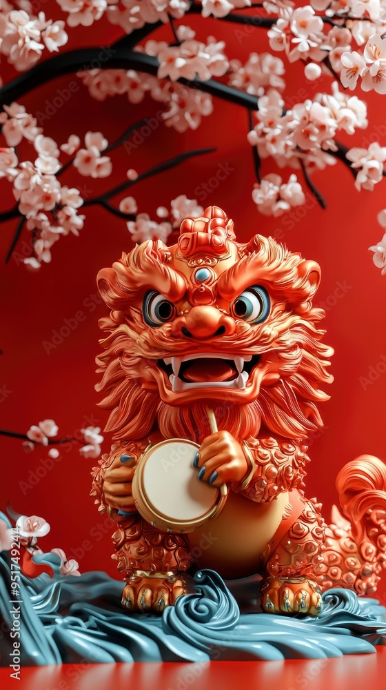 Golden Lion Statue with Drum, Chinese New Year Decoration Golden Lion Statue with Drum, Chinese New Year Decoration