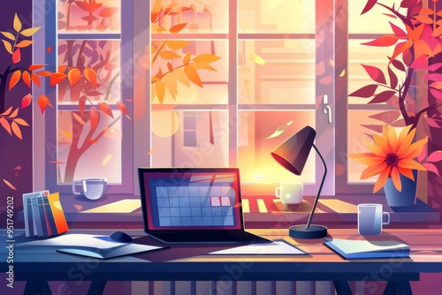 Office desk with laptop lamp document papers calendar coffee and flower Modern business workplace Home workspace tableVector illustration  photo