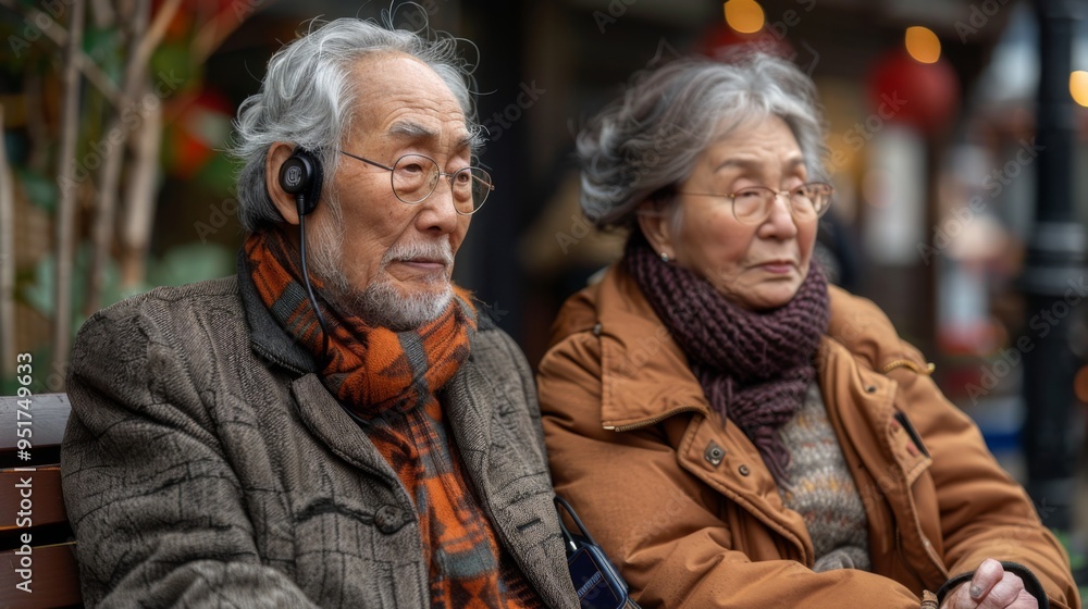 Create an image of an elderly couple sitting together on Create an image of an elderly couple sitting together on