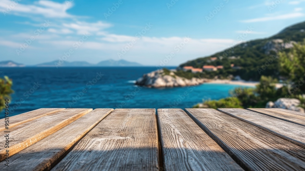 Fototapeta premium Wooden table on the background of the sea, island and the blue sky