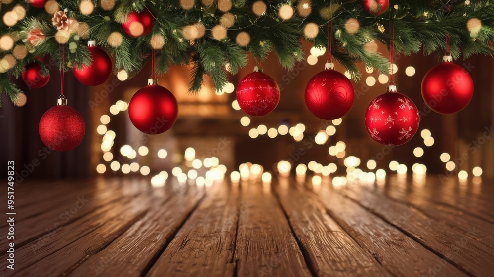 Christmas Ornaments Hanging From Fir Tree Branch With Bokeh Lights. Christmas Ornaments Hanging From Fir Tree Branch With Bokeh Lights.