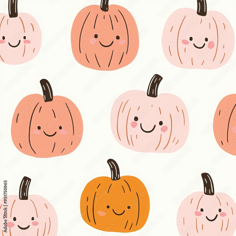 Cute, simple hand-drawn pumpkins and swirls in a seamless pattern, with simple shapes in pink, orange, and black on a cream background, children's book illustration. Halloween design, cute and dreamy Cute, simple hand-drawn pumpkins and swirls in a seamless pattern, with simple shapes in pink, orange, and black on a cream background, children's book illustration. Halloween design, cute and dreamy