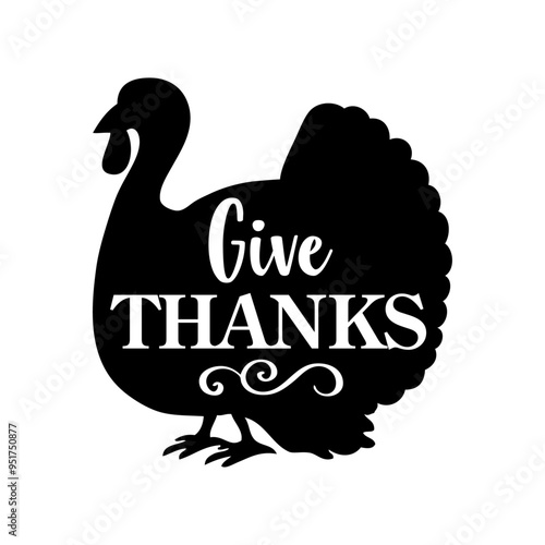 Turkey logo. Silueta de pavo con letras palabra give thanks en texto manuscrito para tarjetas y felicitaciones del Día de Acción de Gracias