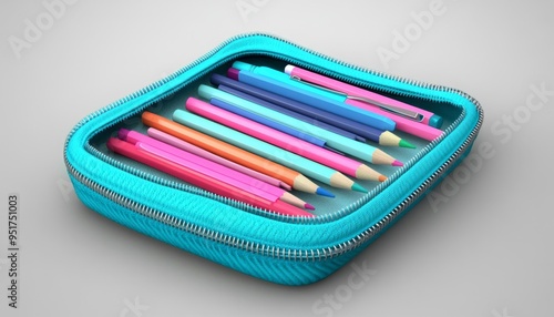 Creative Back-to-School Stationery Concept: Vibrant Pencil Case with Essential Supplies for Students. Minimalist Composition Showcasing Educational Tools. Versatile Marketing Background for School Sea