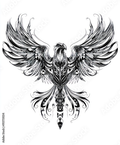 A stylized black and white illustration of a majestic phoenix with intricate details.