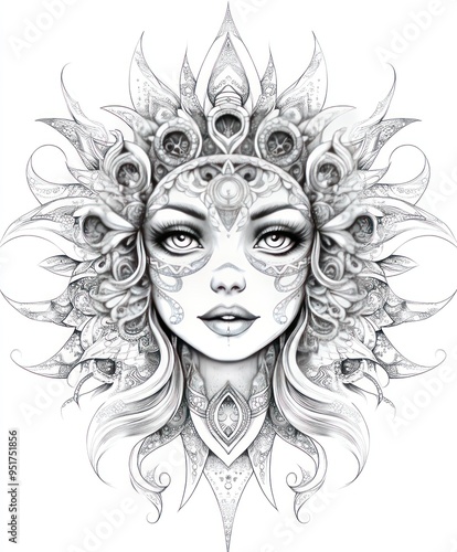 A detailed, intricate illustration of a woman's face surrounded by ornate patterns and shapes.