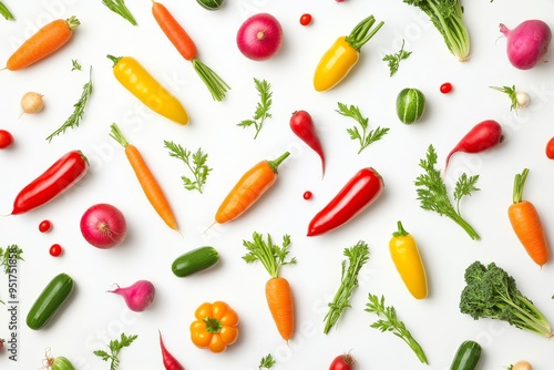 Wallpaper Mural Colorful flat modern illustration with organic vegetables and fresh green food on a white background. Seamless vegetarian pattern with organic vegetables and fresh greens. Torontodigital.ca