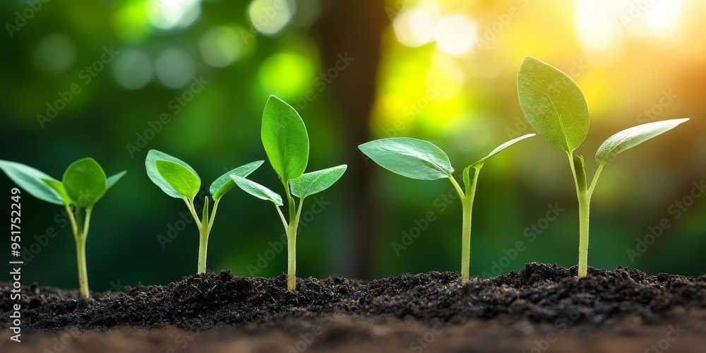 A Row of Young Seedlings Sprouting from Rich Soil Under Sunlight A Row of Young Seedlings Sprouting from Rich Soil Under Sunlight
