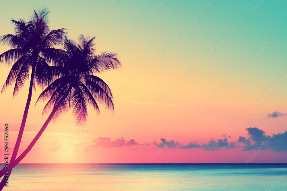 Naklejka premium Stunning silhouette of palms at sunset. The sun is low in the sky, glowing orange. Beach and travel background. Blurred background. Copy space.