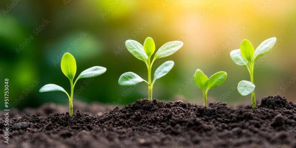 A Row of Young Seedlings Sprouting from Rich Soil Under Sunlight A Row of Young Seedlings Sprouting from Rich Soil Under Sunlight