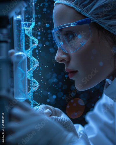 Scientist analyzing genetic samples under microscope in high tech laboratory environment