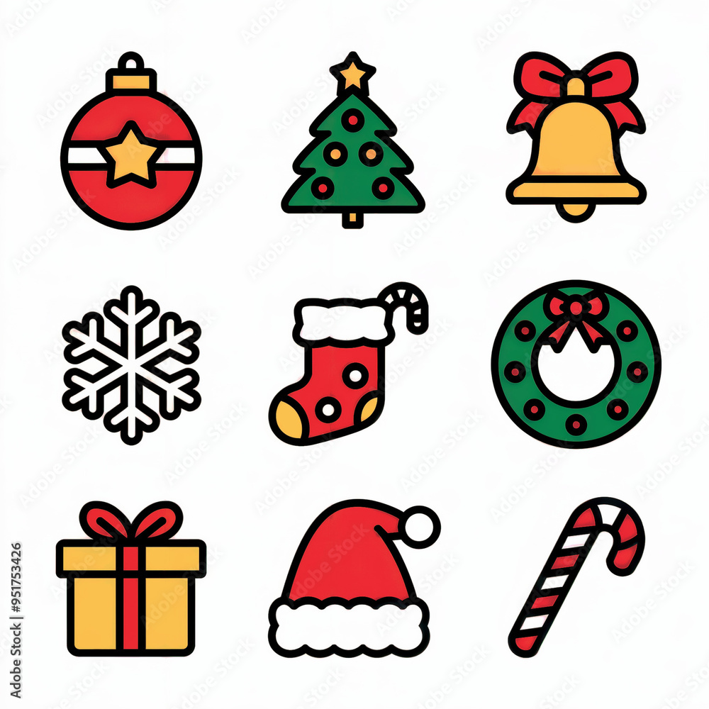 Christmas Themed Icons in Bold Line Art with Festive Colors Christmas Themed Icons in Bold Line Art with Festive Colors
