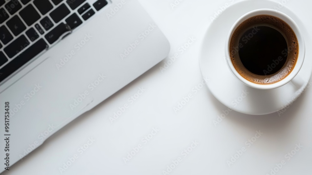 Minimalist Home Office Desk with a Coffee Cup on Laptop Minimalist Home Office Desk with a Coffee Cup on Laptop
