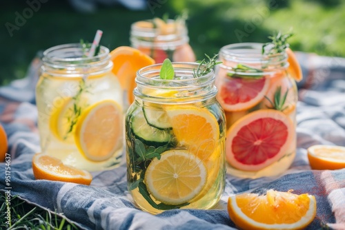 Refreshing jars filled with citrus fruits and herbs. Perfect for summer gatherings or outdoor events. Bright colors and natural style create a cheerful atmosphere. Generative AI.