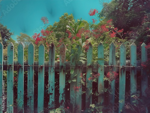 Rustic Wooden Fence with Blooming Flowers photo