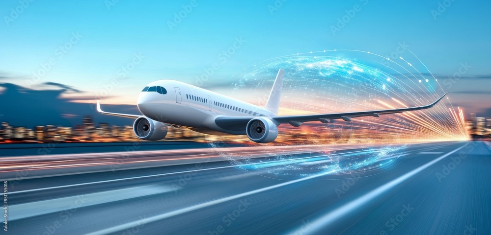 A White Airplane Flying Over the City Leaving Trails Against a Light Blue Background A White Airplane Flying Over the City Leaving Trails Against a Light Blue Background