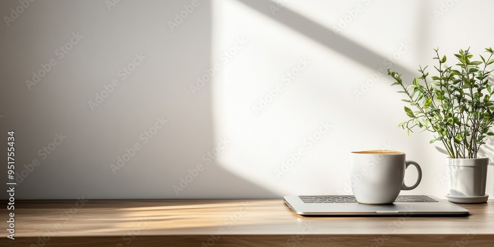 Minimalist Home Office Desk with a Coffee Cup on Laptop Minimalist Home Office Desk with a Coffee Cup on Laptop