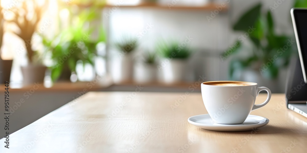 Minimalist Home Office Desk with a Coffee Cup on Laptop Minimalist Home Office Desk with a Coffee Cup on Laptop