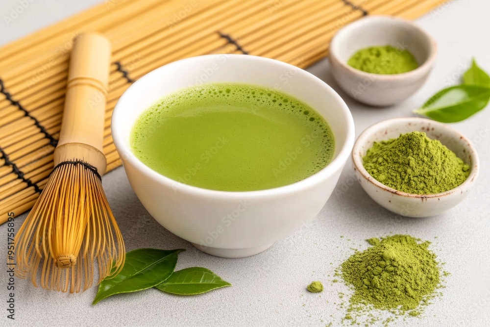 A White Bowl of Matcha Tea with Green Leaves and a Wooden Whisk on a Bamboo Mat A White Bowl of Matcha Tea with Green Leaves and a Wooden Whisk on a Bamboo Mat