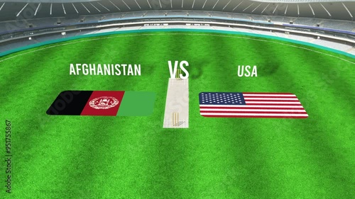 Aerial View of Cricket Stadium with Afghanistan and USA Flags on Ground photo