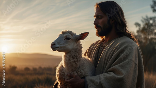 Classic Biblical Scene of Jesus Christ with a Lamb, Capturing a Serene and Divine Moment New Beautiful Stock Image Illustration AI