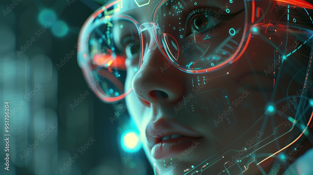 A futuristic close-up of a woman in augmented reality immersed in a digital world.A girl and the modern world of neural networks.A researcher in outer space or sci-fi.Free space A futuristic close-up of a woman in augmented reality immersed in a digital world.A girl and the modern world of neural networks.A researcher in outer space or sci-fi.Free space