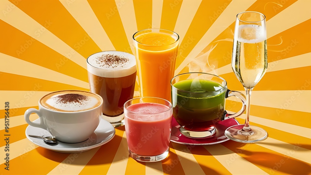 Set of different drinks on bright background Set of different drinks on bright background