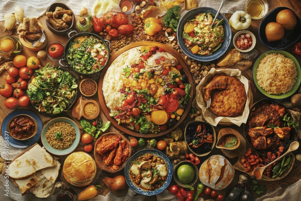 A Rustic Table Spread of Diverse Dishes and Ingredients A Rustic Table Spread of Diverse Dishes and Ingredients