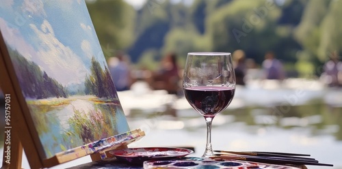 A colorful watercolor canvas with a red wine glass and paint and sip watercolors