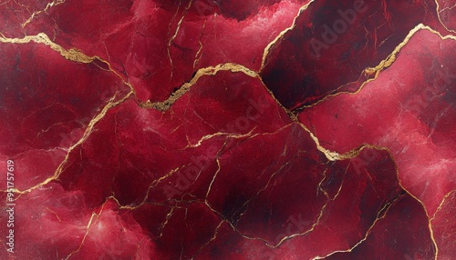 Seamless marble pattern in deep crimson with gold veins, [Abstract Background Marble], [Bold and luxurious]