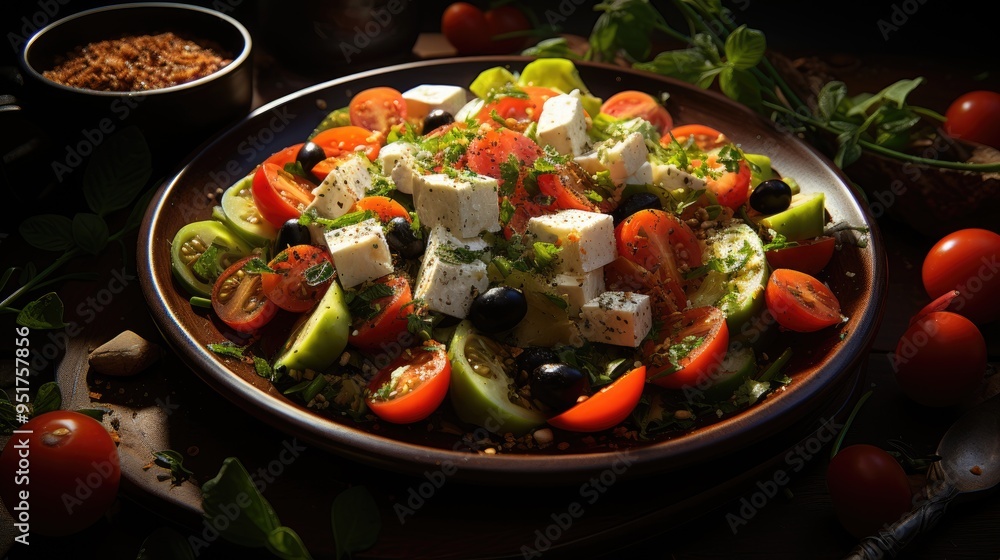 Fresh vegetable greek salad close up photo Fresh vegetable greek salad close up photo